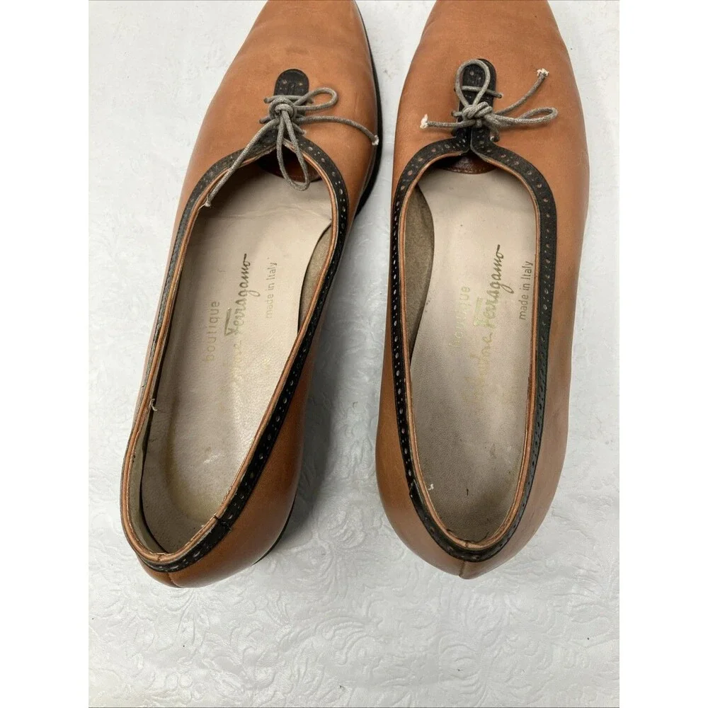 Vintage Ferragamo Shoes Womens 10 B Brown Black Trim Lace Up Oxford Flats Italy